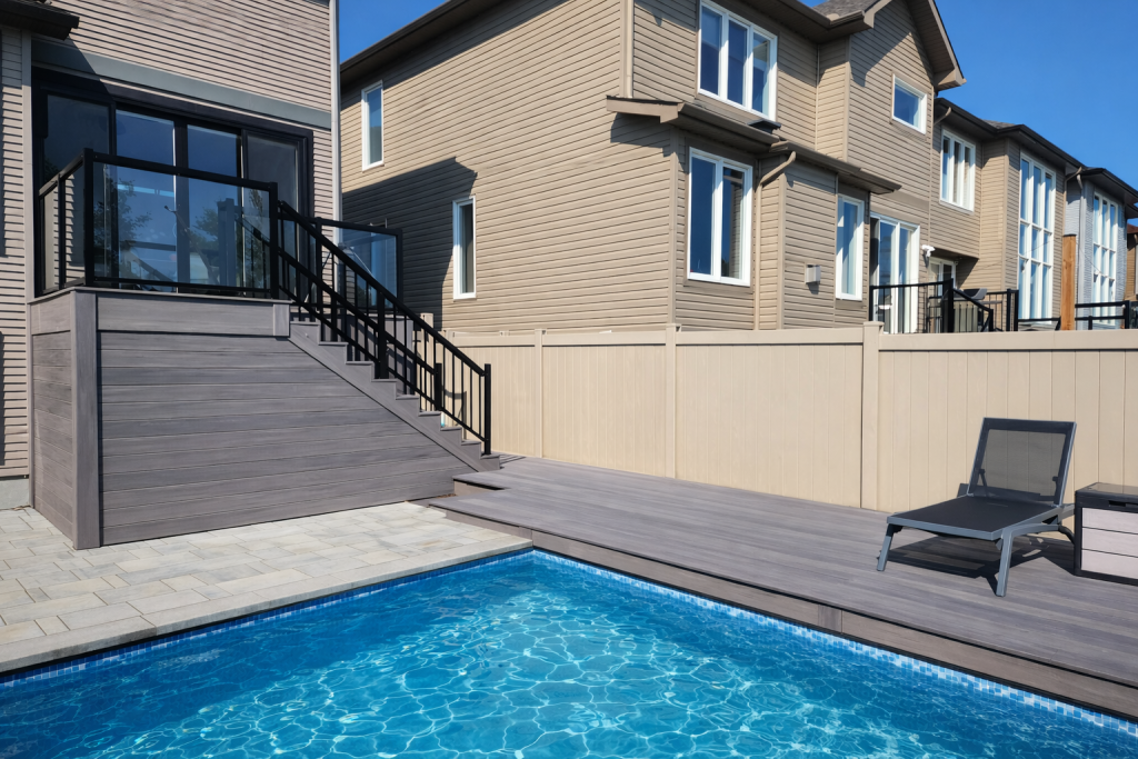 Stunning Two-Tier PVC Deck & Pool Installation in Kanata, Ontario